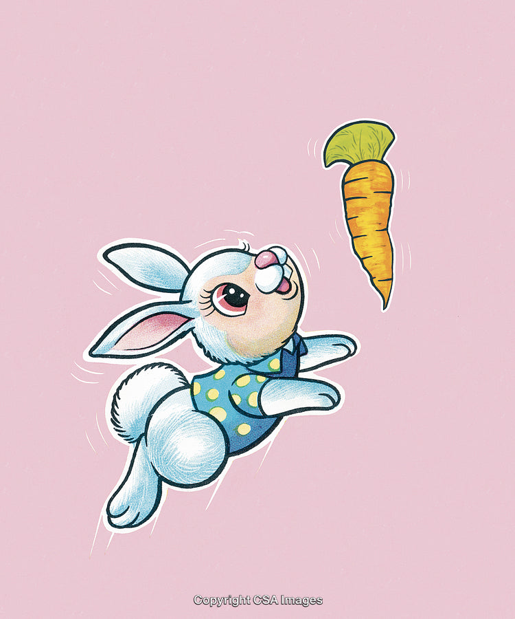 Cute Cartoon Bunny Jumping for a Carrot on Pink Background