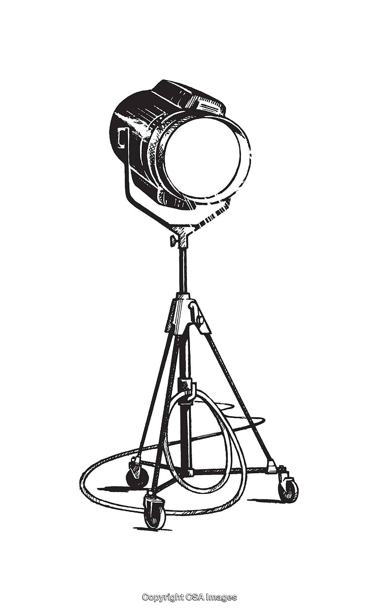 Black and White Line Art of a Vintage Spotlight on Stand