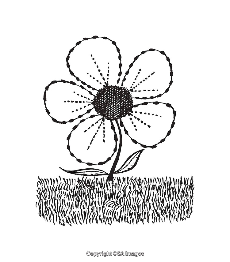 Black and White Line Art Illustration of a Flower in a Grassy Field