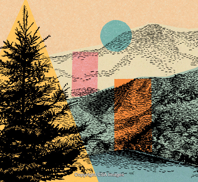 Abstract Mountain Landscape with Geometric Shapes and Nature Elements