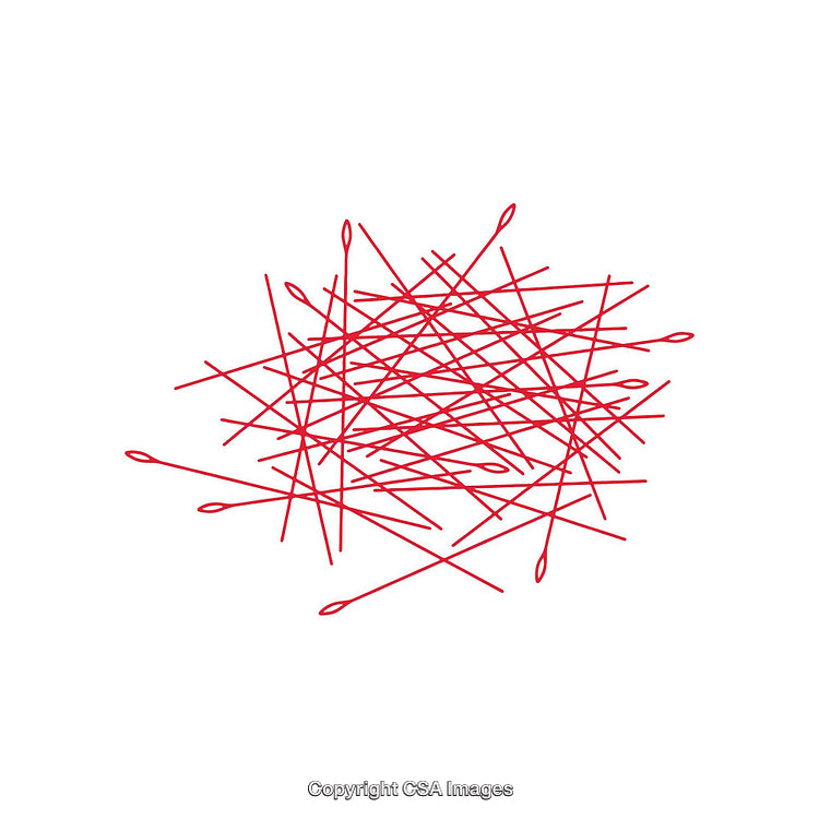 Collection of Red Sewing Needles Scattered on White Background