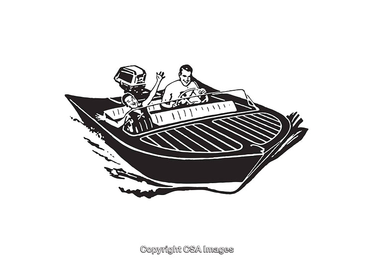 Two Individuals Navigating a Speedboat in Black and White Line Art Style