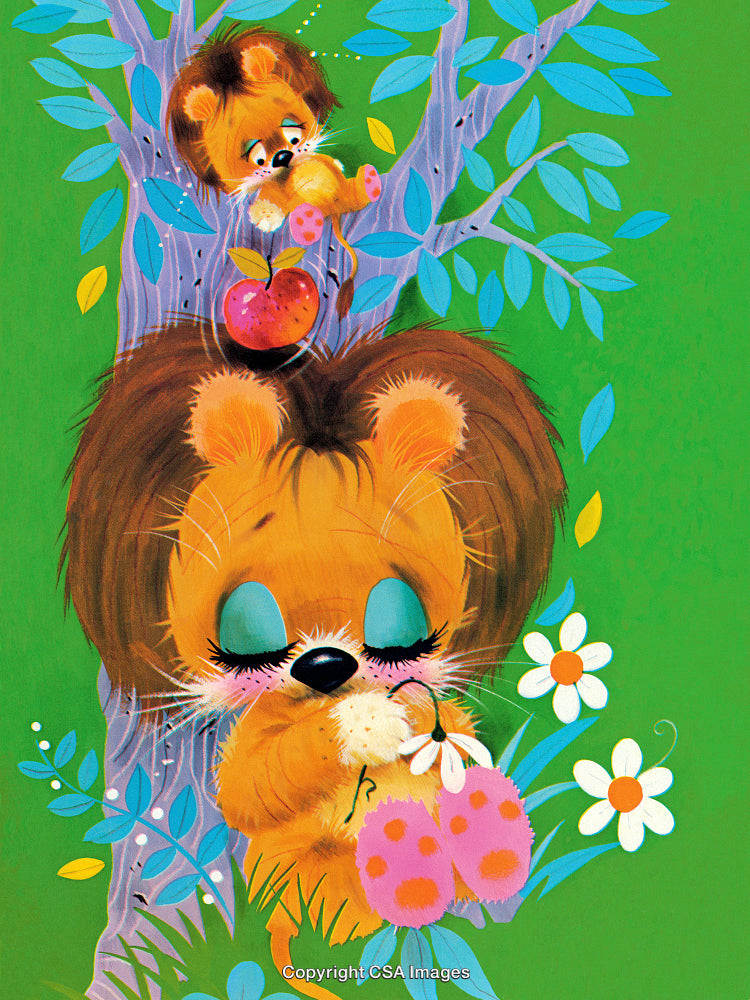 Adorable Cartoon Lions in a Colorful Forest with Flowers and Apples