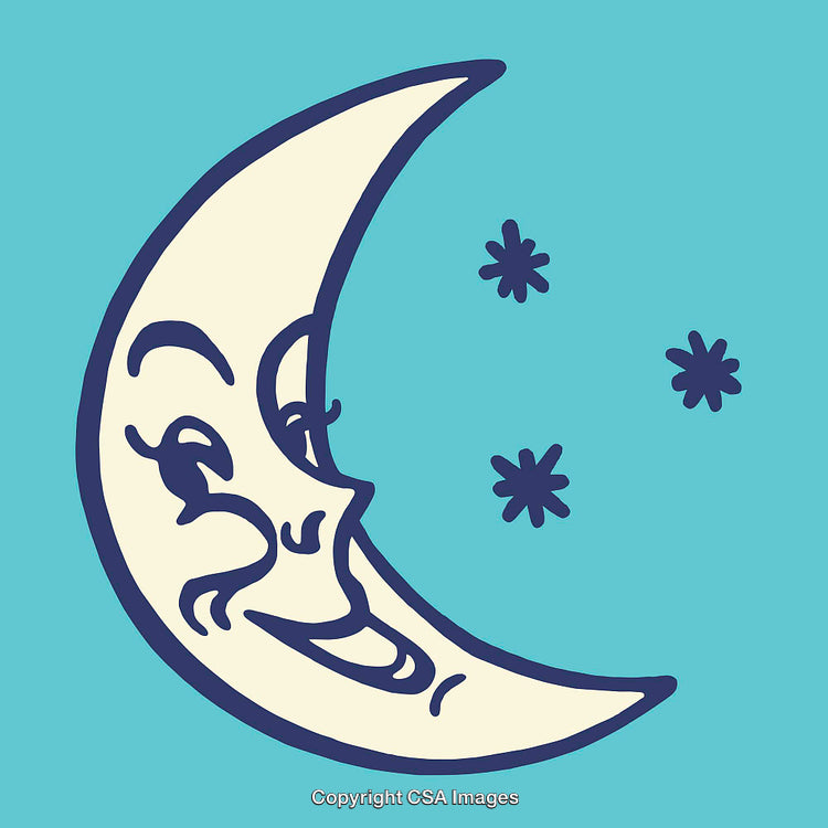 Smiling Crescent Moon with Stars in Colorful Line Art Design