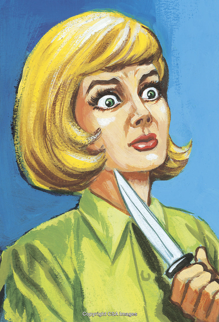 Expressive Portrait of a Concerned Woman Holding a Knife