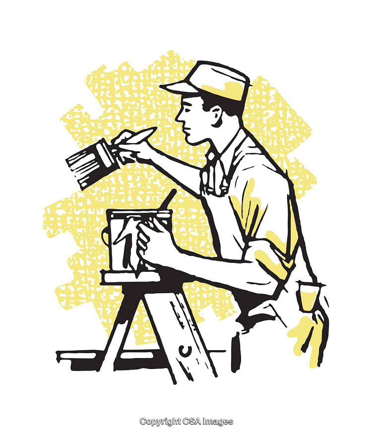 Illustration of a Painter Working on a Ladder with Yellow Background