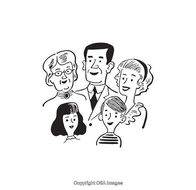 Black and White Line Art Illustration of a Happy Family Portrait