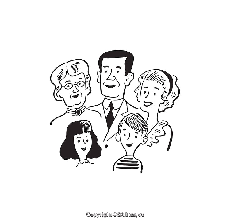 Black and White Line Art Illustration of a Happy Family Portrait