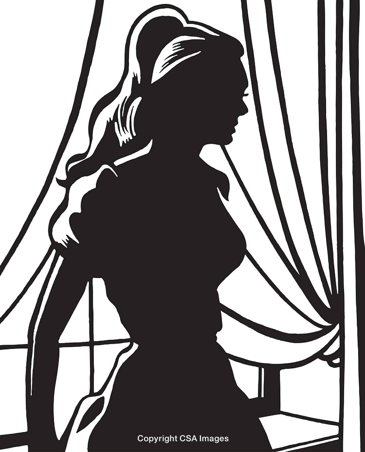 Silhouette of a Woman by a Curtain in Dramatic Shadow Light