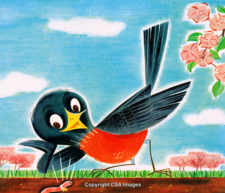 Illustrative Scene of a Cheerful Bird Catching a Worm in Nature's Beauty