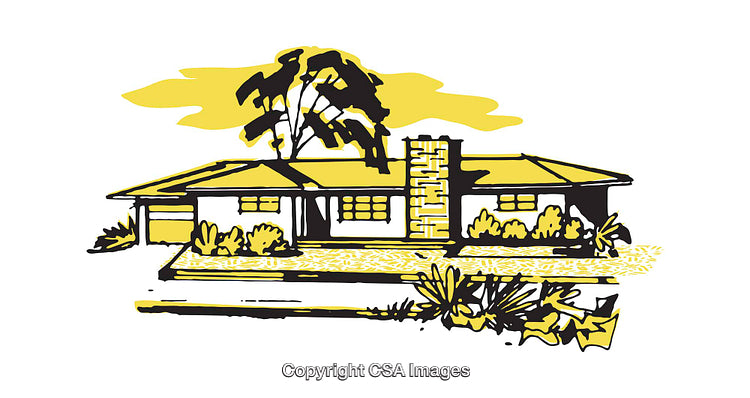 Stylized Illustration of a Modern One-Story Home with Yard and Trees