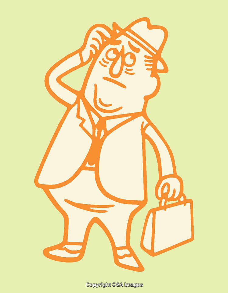 Vintage Cartoon Illustration of a Confused Businessman with a Briefcase