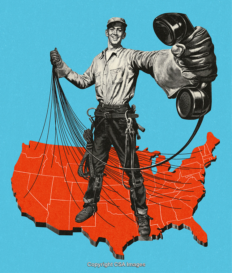 Vintage Illustration of Telephone Worker with Map of the USA