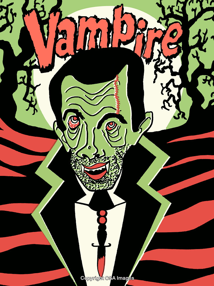 Illustration of a Green-Skinned Vampire in a Halloween-Themed Style