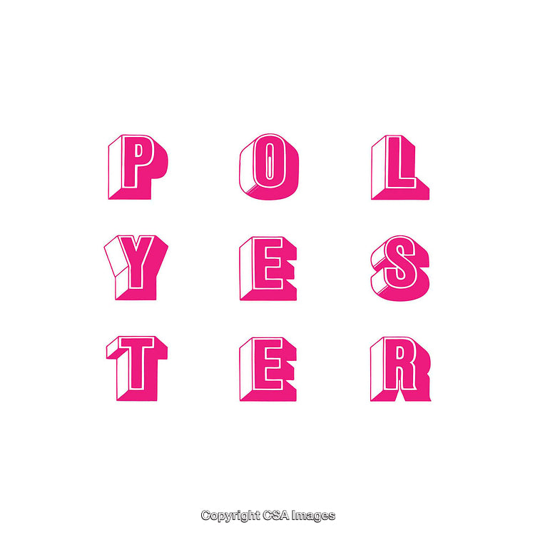 Stylized Bold Pink Lettering Spelling Polyester in Rows on White Background