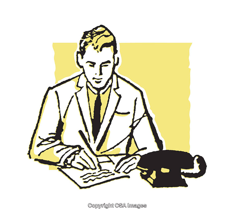 Illustration of a Businessman Writing Notes at a Desk