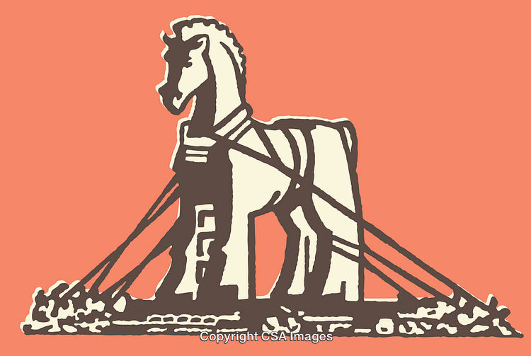 Trojan Horse Illustration Depicting Ancient Mythology in Minimalist Style