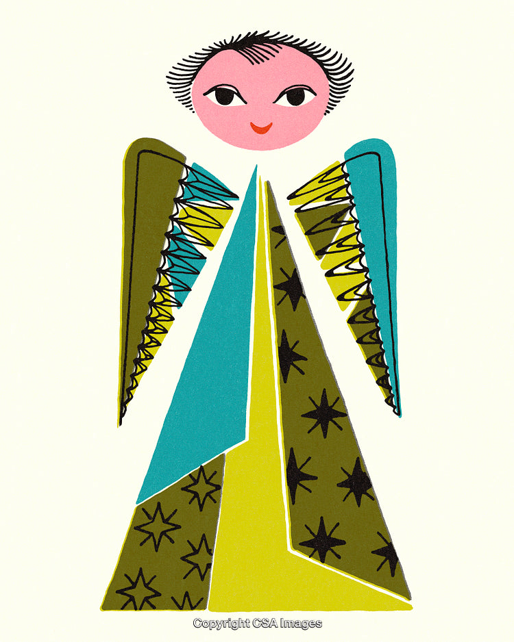 Colorful Abstract Angel with Starry Robes and Wings on Light Background