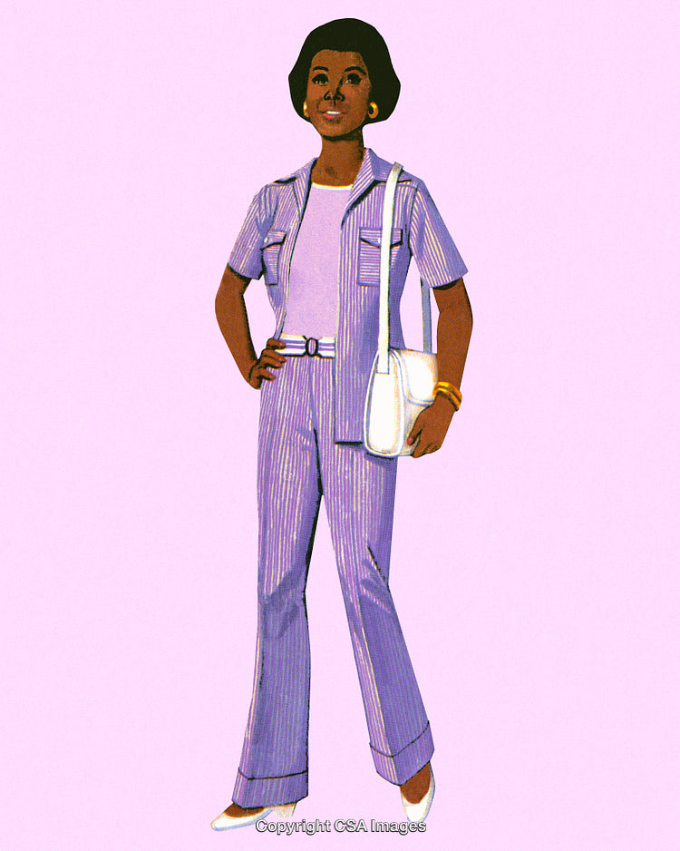 Stylish Woman in Purple Outfit With White Handbag on Pink Background