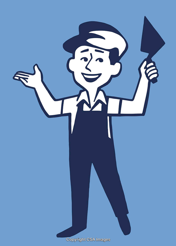 Smiling Worker With Hat and Tool in Iconic Line Art Drawing