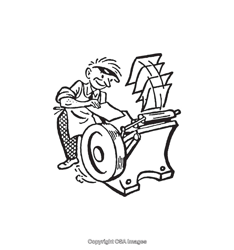 Black and White Line Art of a Man Operating a Grinding Wheel