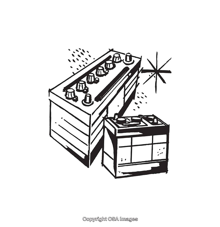 Black and White Line Art Illustrations of Large and Small Automotive Batteries