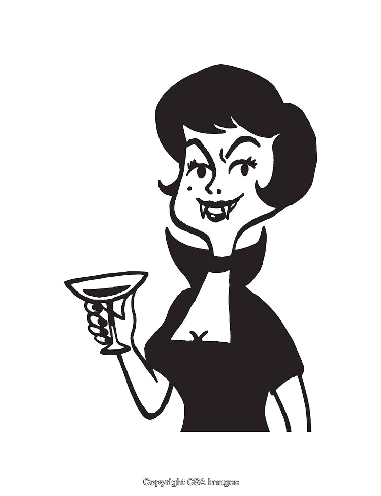 Cartoon Vampire Woman Lifting Glass in Celebration, Black and White Line Art