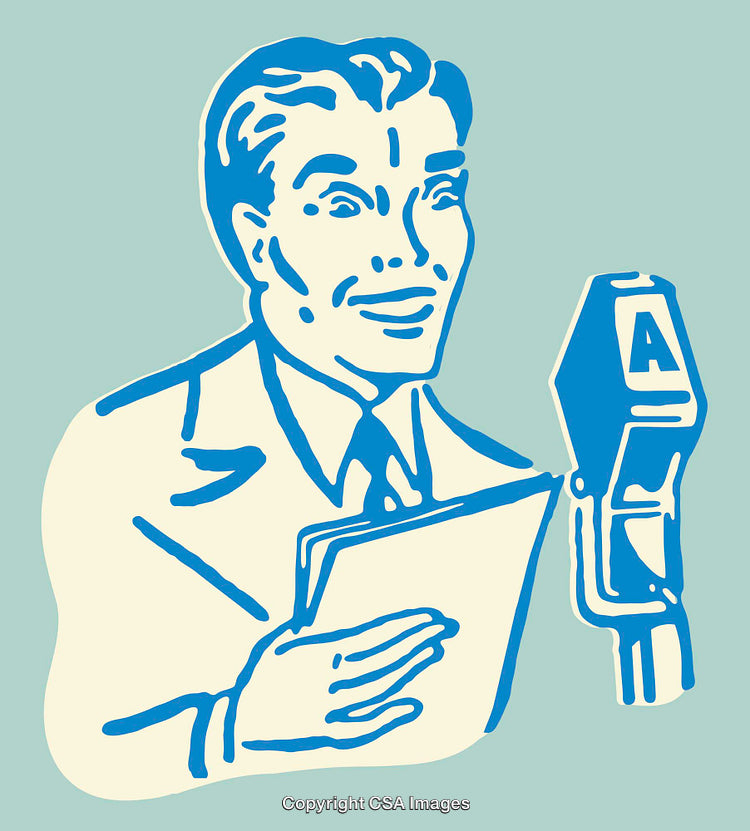 Vintage Illustration of Man Speaking into Microphone in Retro Style