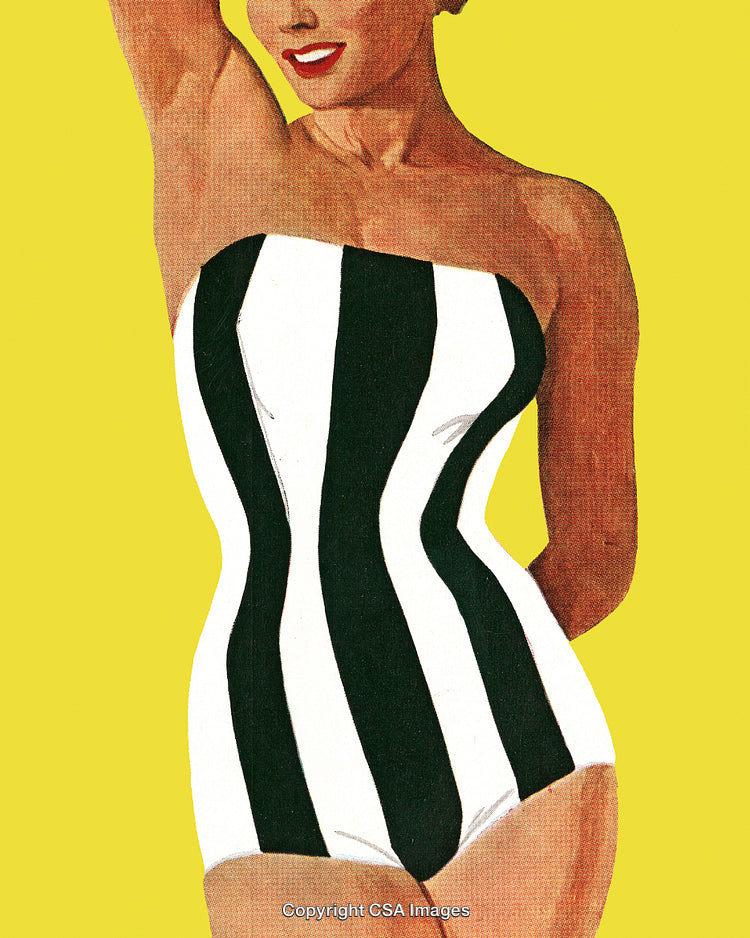 Retro Art Illustration Portrait of Woman in Striped Swimsuit on Yellow Background