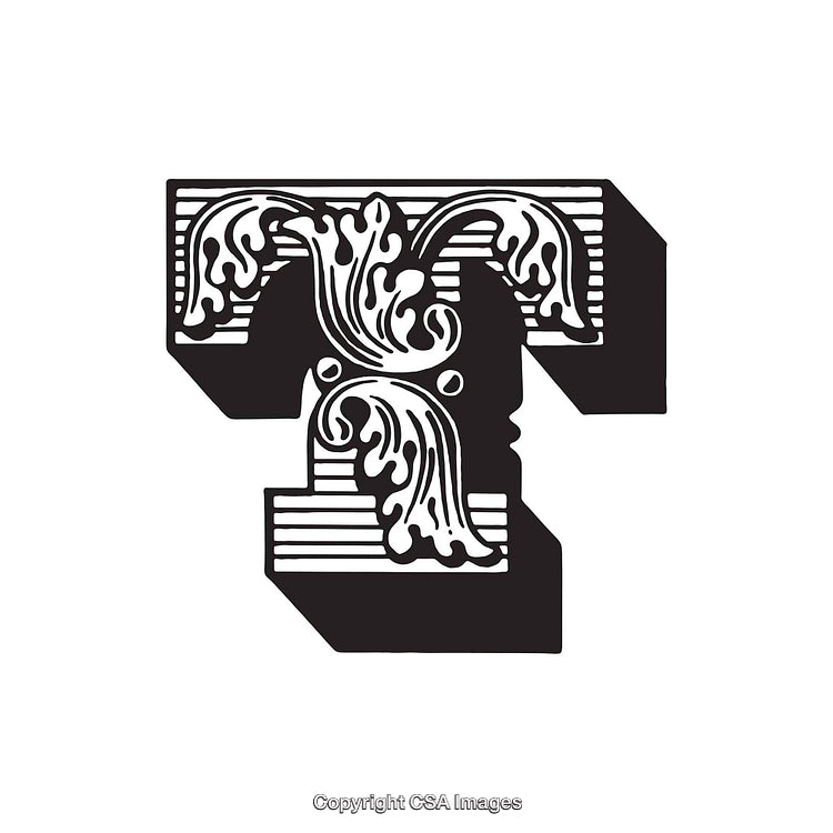 Ornate Decorative Letter T with Detailed Flourish Design Illustration