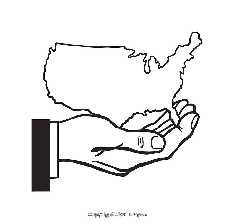 Black and White Illustration of the Map of USA on a Hand