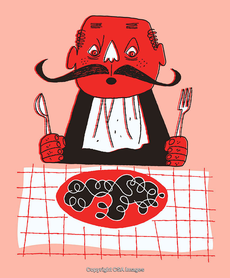 Playful Cartoon Illustration of a Man Preparing to Enjoy a Meal