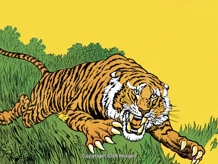 Illustrated Tiger Jumping Aggressively on a Yellow Background in the Wild