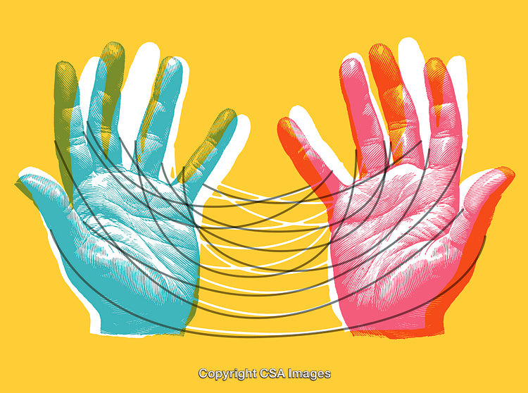 Collage of Vibrant Hand Prints Interconnected by Artistic Black Lines