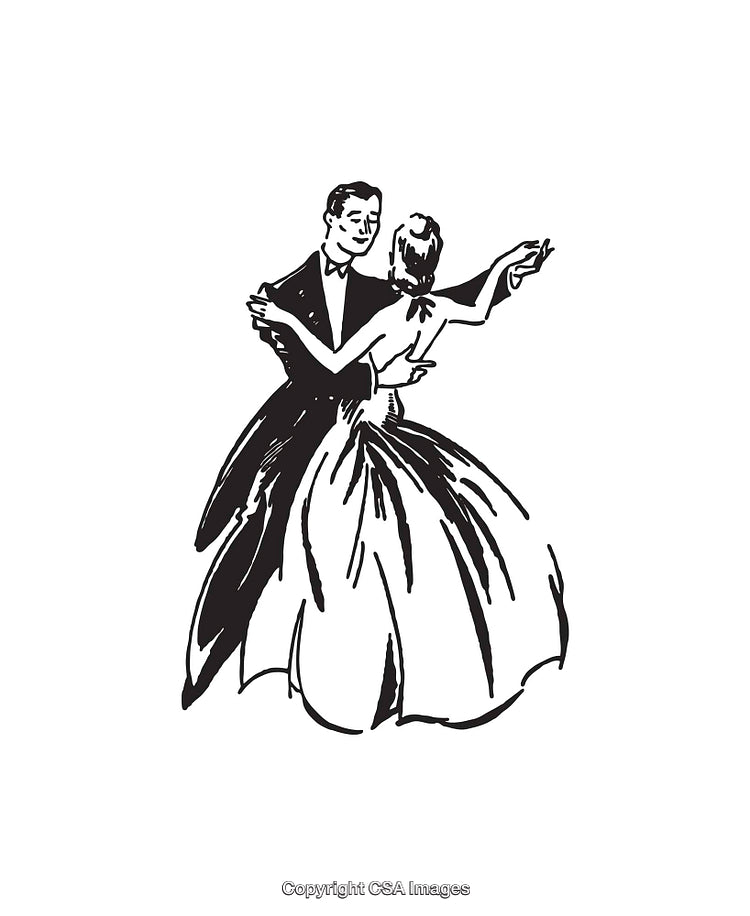 Elegant Black And White Line Art of Couple Waltzing Gracefully