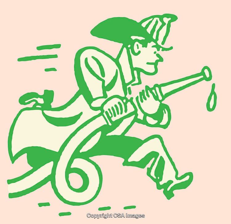Cartoon Firefighter Illustration in Green Line Art Carrying a Fire Hose