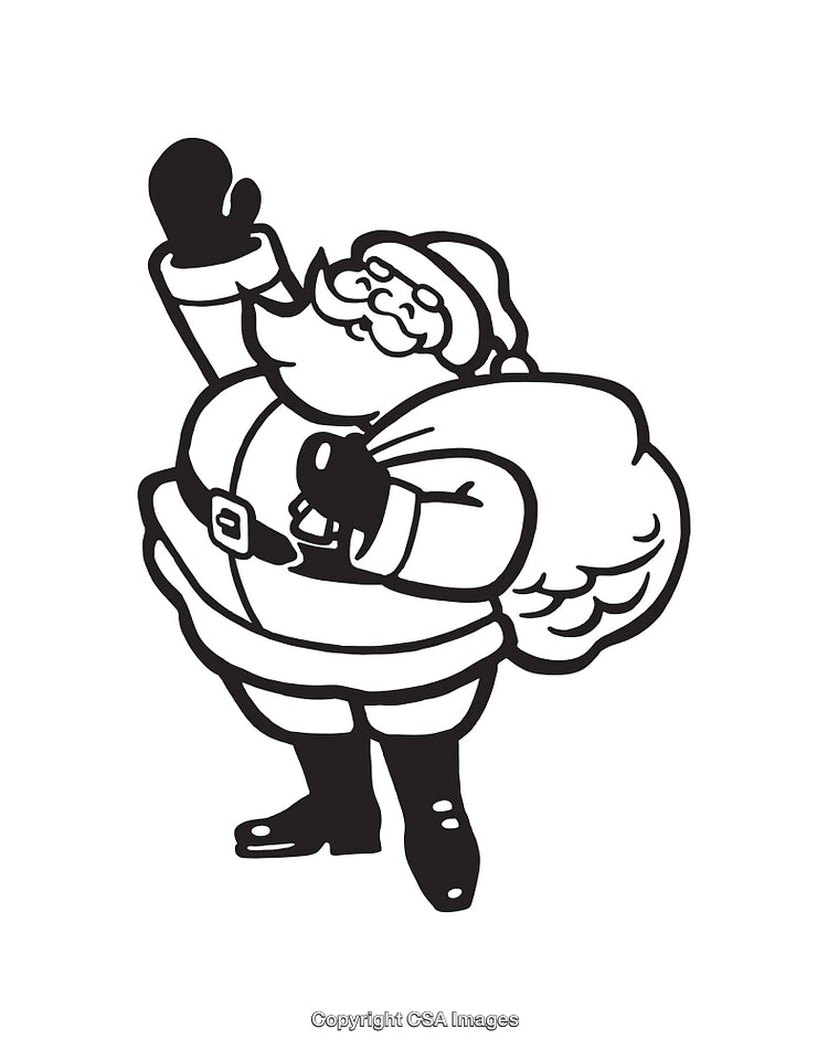 Black and White Line Art of Santa with a Sack Waving Cheerfully