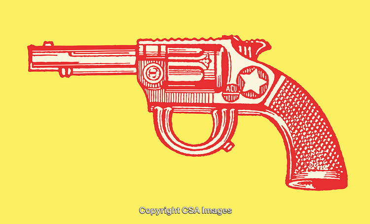 Colorful Line Art Illustration of a Pistol on a Bright Yellow Background
