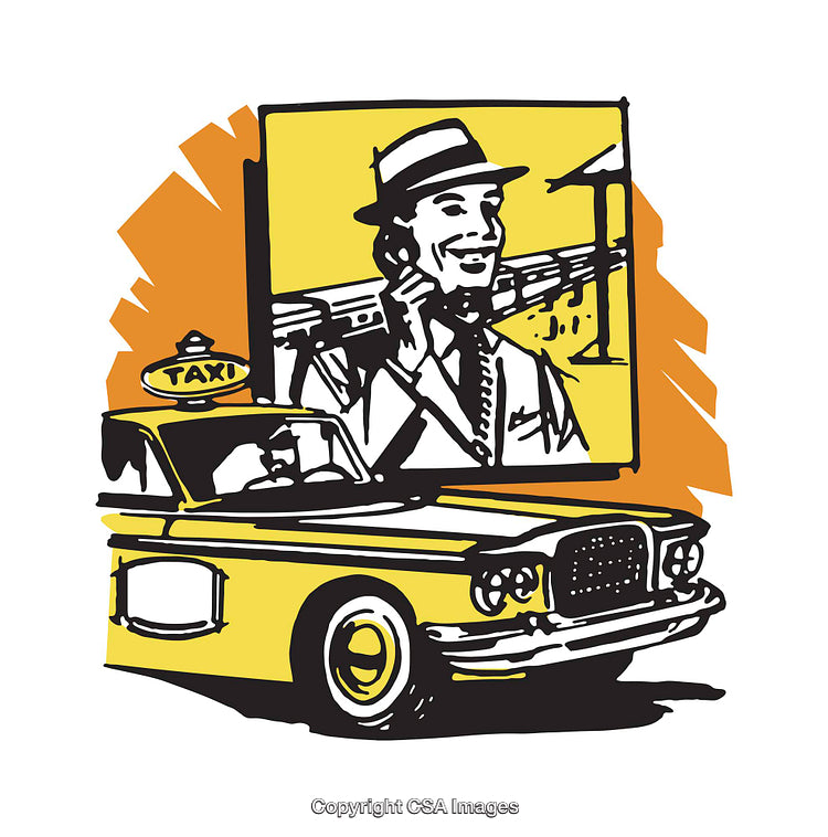 Retro Style Illustration of Taxi and Man Talking on Phone