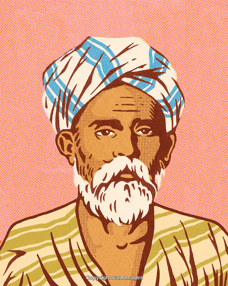 Illustration of Man in Traditional Headwrap with Vintage Colors and Bold Style