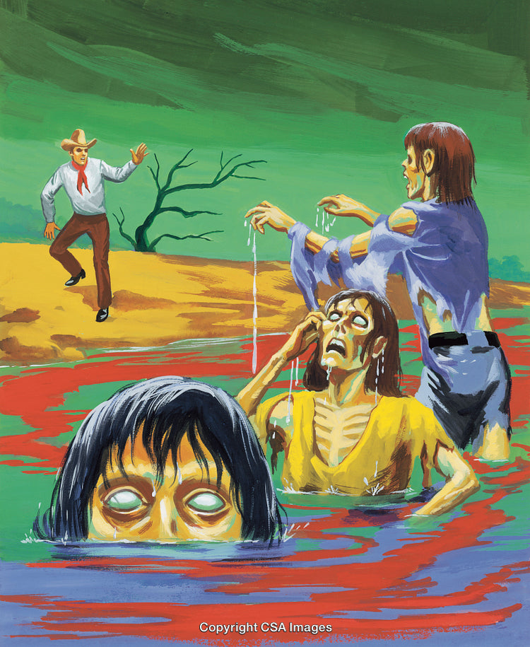 Zombie Figures Emerging from Blood-Red Water Near Frightened Man on Desert Shore