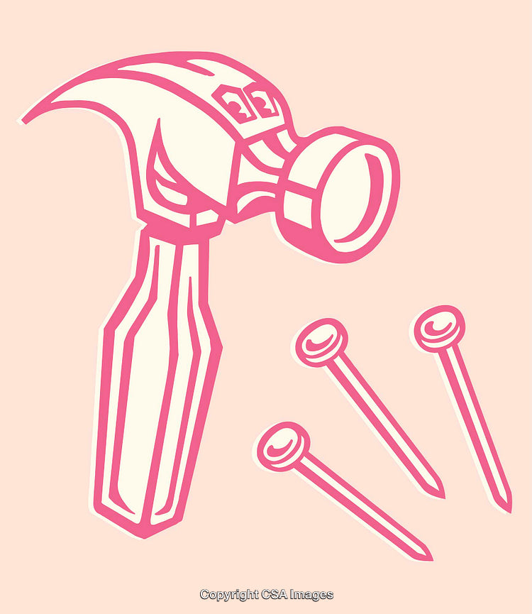 Pink Stylized Hammer and Nails Illustration on a Pastel Background