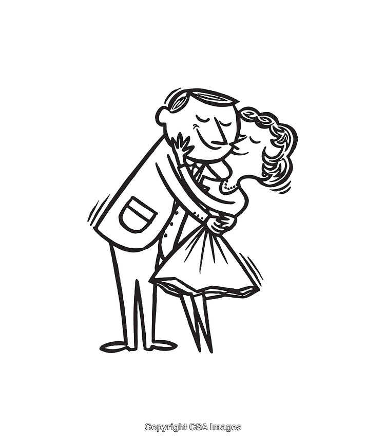 Couple Embracing in Retro Line Art Black and White Illustration