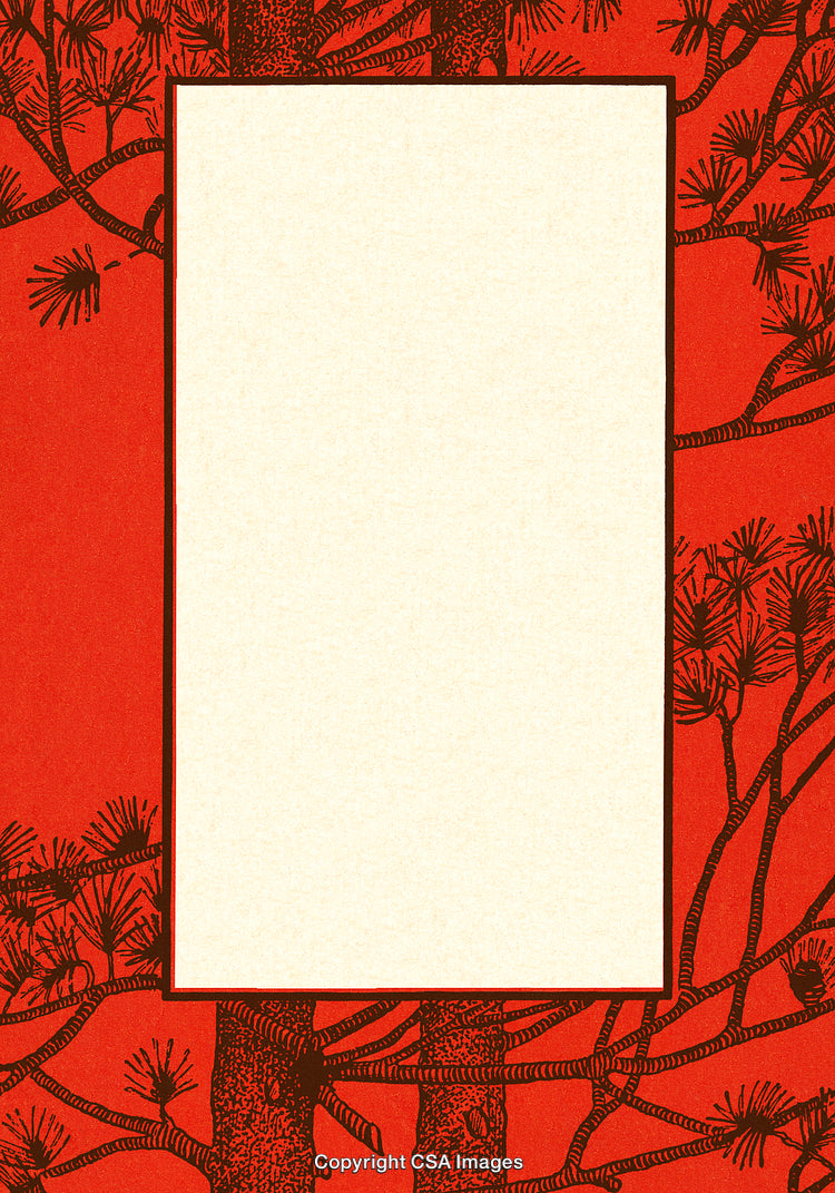 Vintage Styled Blank Card with Red and Graphic Tree Border Design