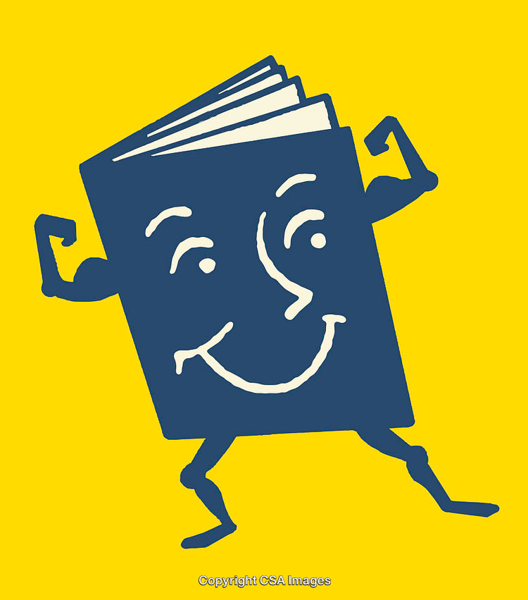 Smiling Book Character Displaying Strength on Bright Yellow Background