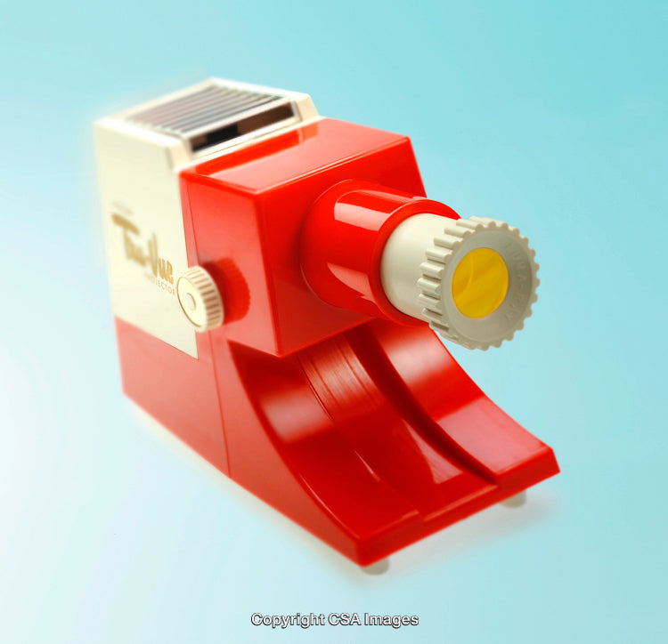 Retro Red Toy Projector with Bright Plastic Design on Blue Background