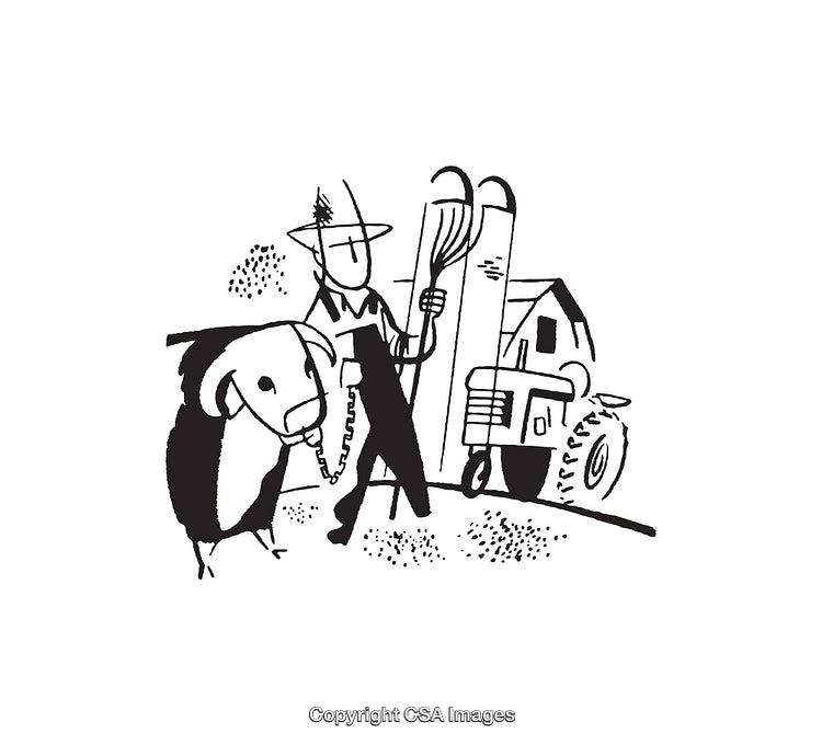 Black and White Line Art Illustration of Farmer and Farm Animals