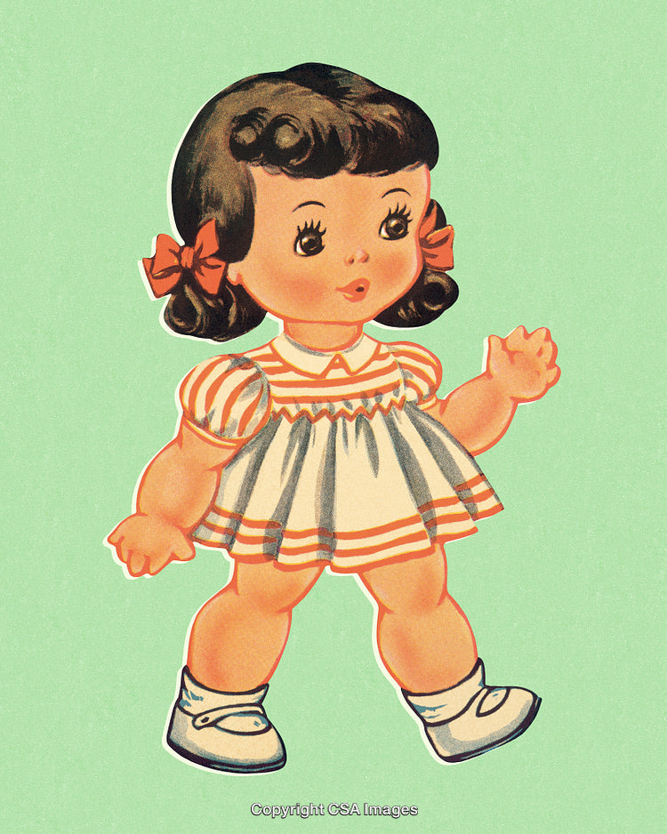 Vintage Illustration of a Cute Girl in a Dress on Green Background