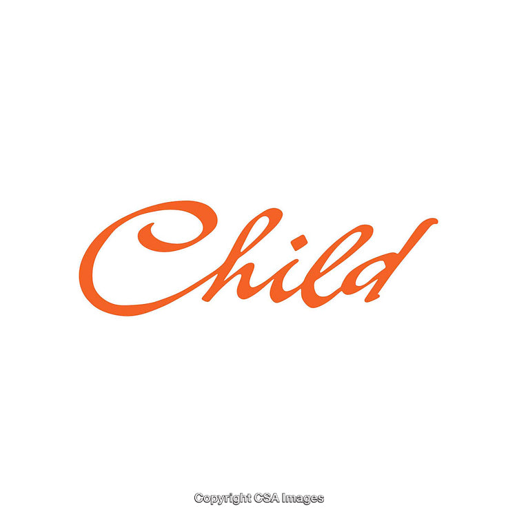 Bright Orange Scripted Word Child on White Background