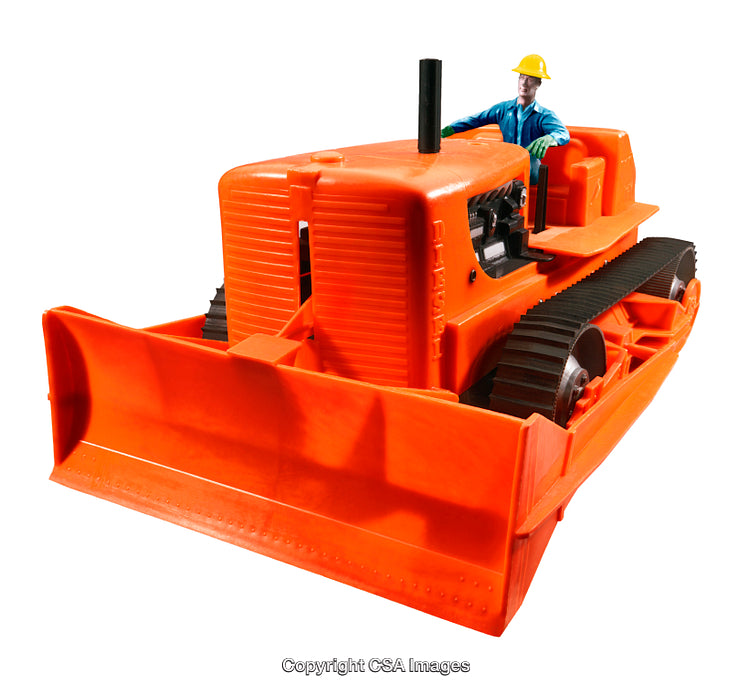 Orange Toy Bulldozer With Operator on White Background